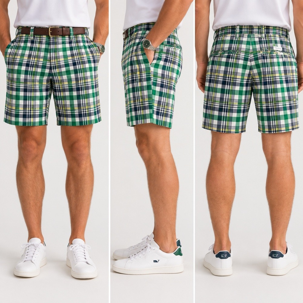 IZOD Golf Shorts Men 44 Green Blue Plaid Flat Front Preppy Performance Check